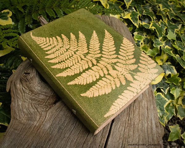 Personal size green leather fern leaf 6 ring binder - earthworks journals - PSB004