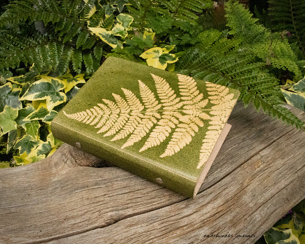 Personal size green leather fern leaf 6 ring binder 2 - earthworks journals - PSB004