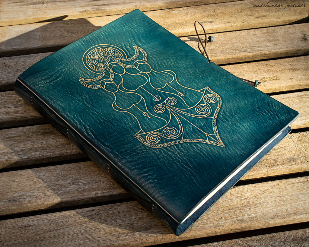 A4 triple moon goddess blue leather journal 1 - earthworks journals - OOAK13