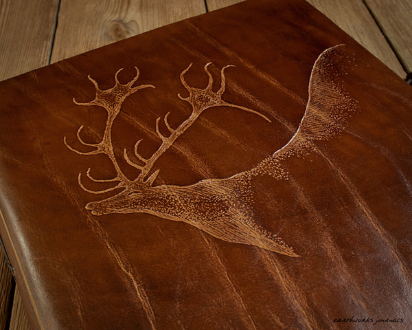 A4 LASCAUX CAVE PAINTING STAGS - BROWN LEATHER JOURNAL 6 - EARTHWORKS JOURNALS