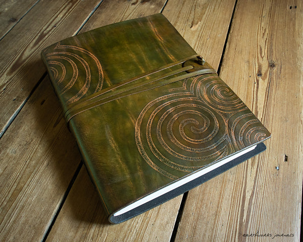 A4 brown and green leather journal with Neolithic triple spiral design 2 - earthworks journals