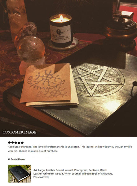 A4 black leather journal - book of shadows - pentagram design - customer review - earthworks journals A4C010