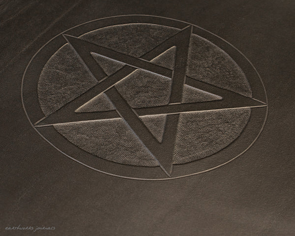 A4 black leather journal - book of shadows - pentagram design detail - earthworks journals A4C010