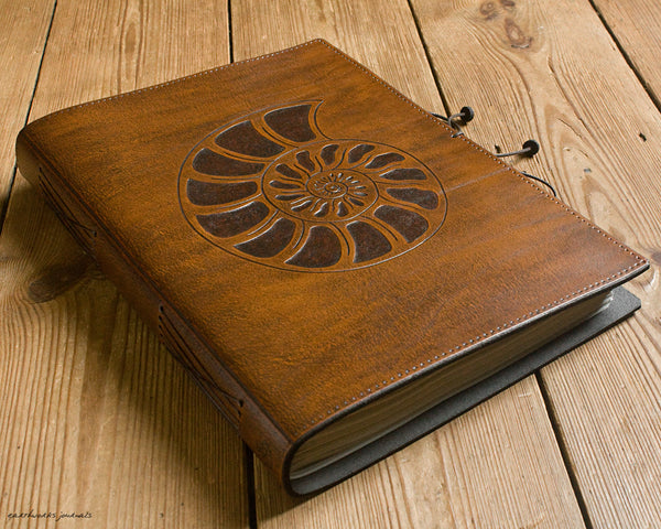 A4 brown leather journal - spiral ammonite design - earthworks journals A4C012
