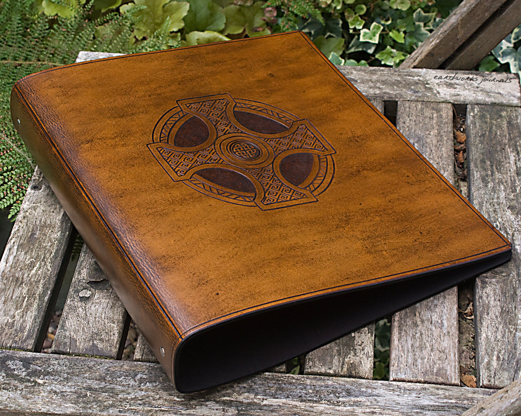 A4 brown leather 4 ring binder - celtic cross design - earthworks journals A4B007
