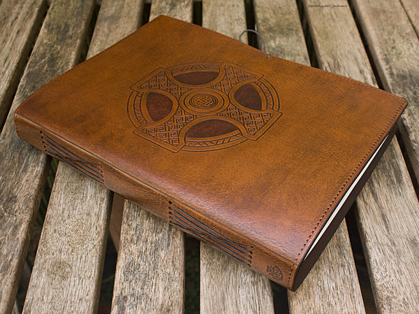 A4 brown leather journal - celtic cross design 2 - earthworks journals A4C013