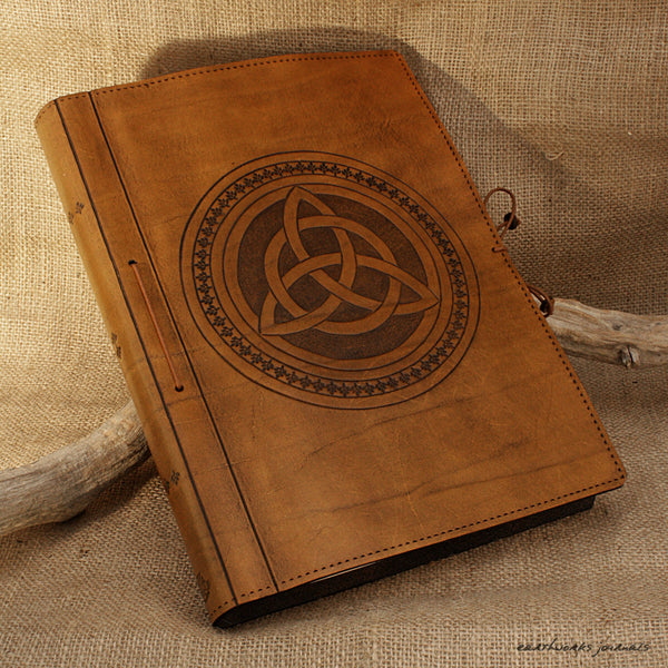 A4 brown leather journal - book of shadows - celtic triquetra design 3 - earthworks journals A4C004