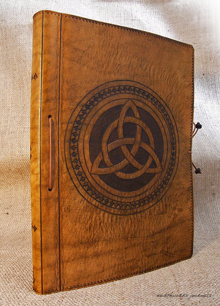 A4 brown leather journal - book of shadows - celtic triquetra design 4 - earthworks journals A4C004
