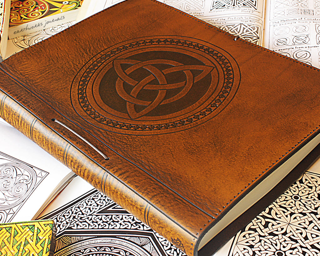 A4 brown leather journal - book of shadows - celtic triquetra design - earthworks journals A4C004