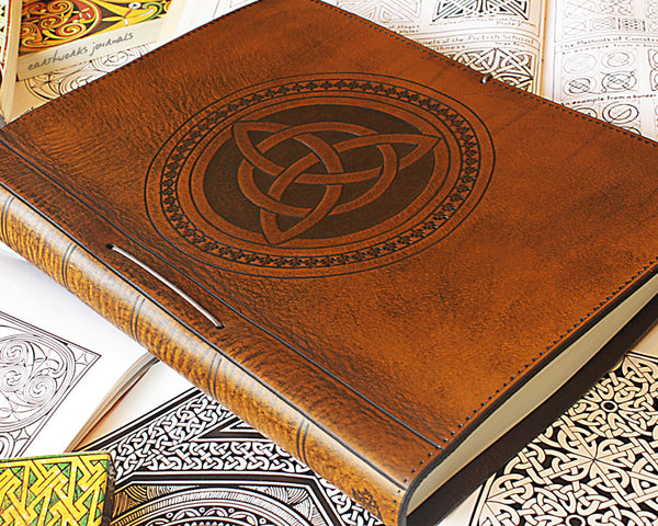 A4 brown leather journal - book of shadows - celtic triquetra design - earthworks journals A4C004