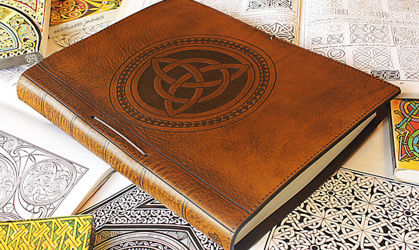 A4 brown leather journal - book of shadows - celtic triquetra design 2 - earthworks journals A4C004