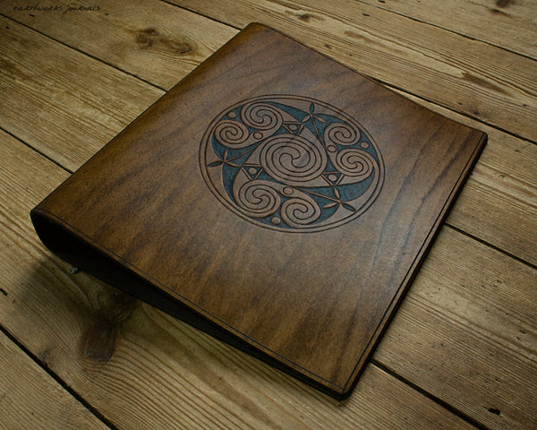 A4 brown leather 4 ring binder - Celtic Triple Spiral Triskelion - earthworks journals A4B018