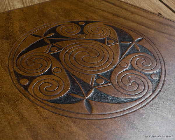 A4 brown leather 4 ring binder - Celtic Triple Spiral Triskelion detail - earthworks journals A4B018