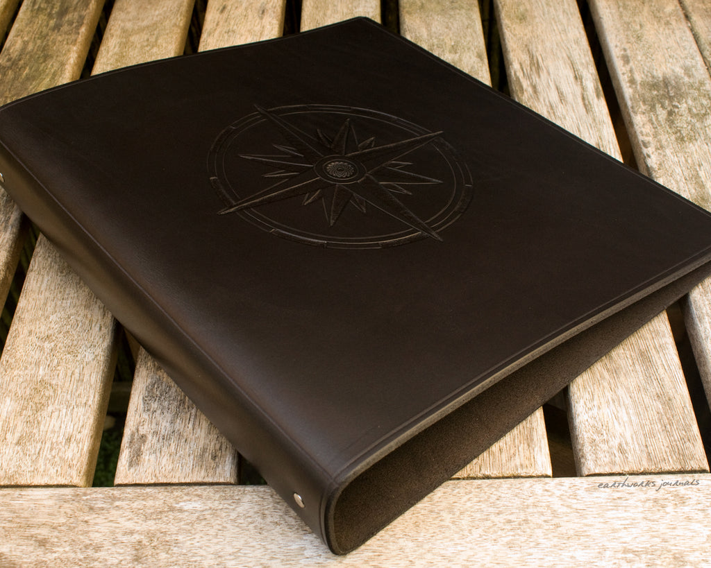 A4 black leather 4 ring binder - compass rose design - ships log - earthworks journals A4B013
