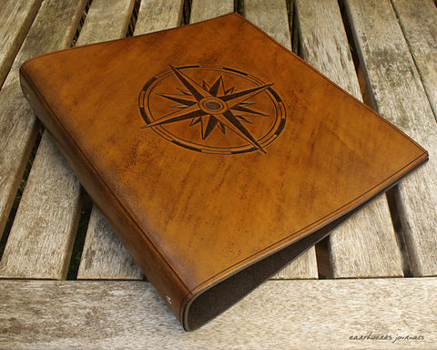 A4 brown leather 4 ring binder - ships log - compass rose design - earthworks journals A4B004