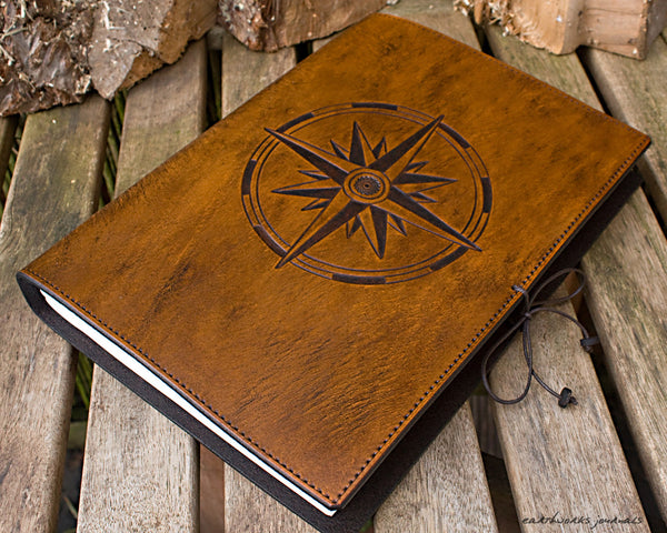 A4 brown leather journal - ship's log - compass rose 3 - earthworks journals A4C014