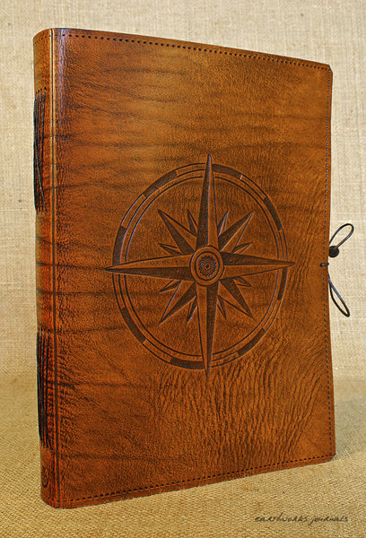 A4 brown leather journal - ship's log - compass rose 2 - earthworks journals A4C014