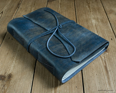 A4 distressed blue leather journal - wraparound - earthworks journals - A4W005