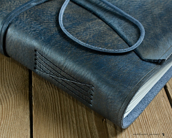 A4 distressed blue leather journal 4 - wraparound - earthworks journals - A4W005