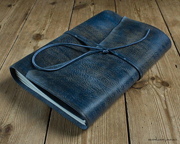 A4 distressed blue leather journal 2 - wraparound - earthworks journals - A4W005