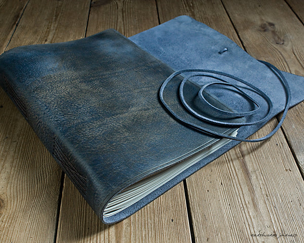 A4 distressed blue leather journal 3 - wraparound - earthworks journals - A4W005