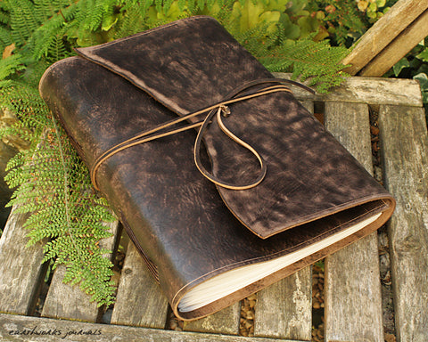 A4 distressed dark brown leather journal - wraparound 5 - earthworks journals - A4W003