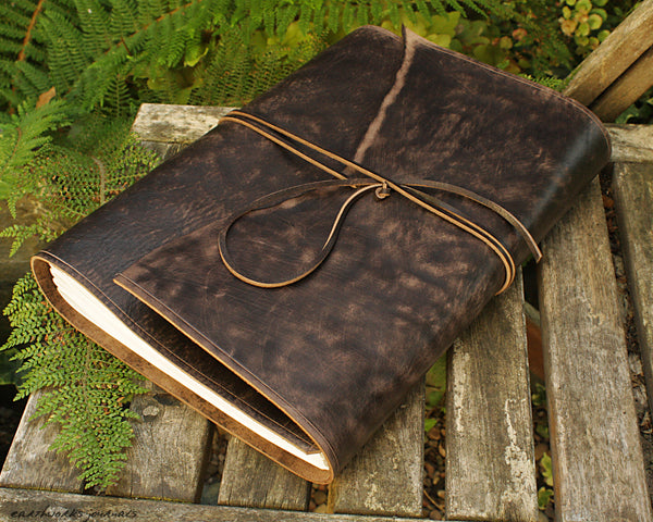 A4 distressed dark brown leather journal - wraparound 6 - earthworks journals - A4W003
