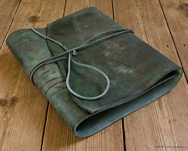 A4 distressed green leather ring binder 2 - wraparound - earthworks journals - A4WB003