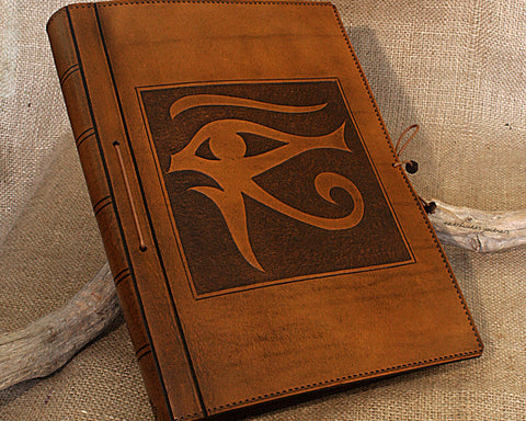 A4 brown leather journal - book of shadows - egyptian eye of horus design - earthworks journals A4C008