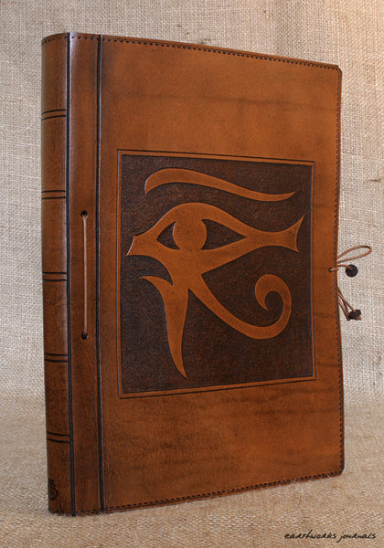 A4 brown leather journal - book of shadows - egyptian eye of horus design 2 - earthworks journals A4C008