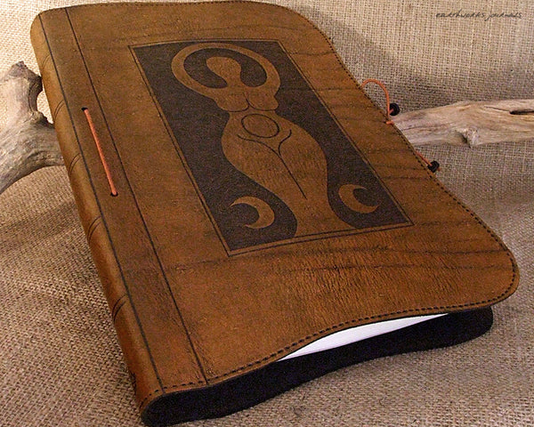 A4 brown leather journal - book of shadows - triple moon goddess design - earthworks journals A4C003