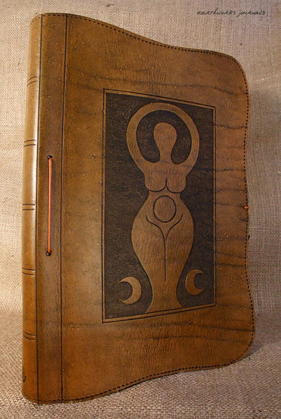 A4 brown leather journal - book of shadows - triple moon goddess design 2 - earthworks journals A4C003