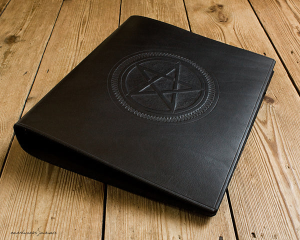 A4 black leather 4 ring binder - pentagram design 2 - book of shadows - earthworks journals A4B005