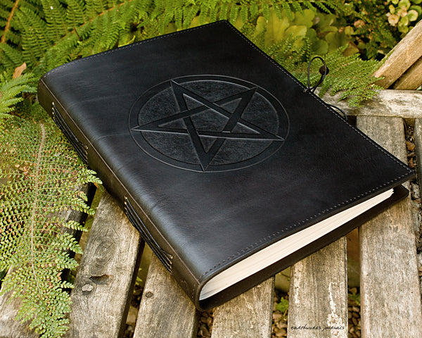 A4 black leather journal - book of shadows - pentagram design - earthworks journals A4C010