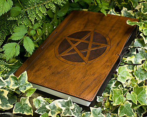 A4 brown leather journal - book of shadows - pentagram design - earthworks journals A4C001