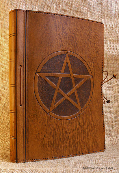A4 brown leather journal - book of shadows - pentagram design 2 - earthworks journals A4C001