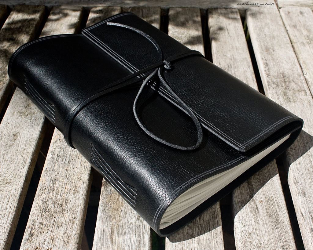 A4 rugged black leather journal - wraparound - earthworks journals - A4W004