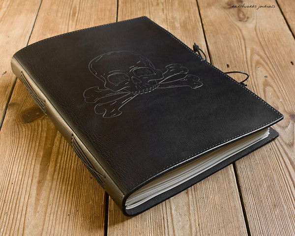 A4 black leather journal - ship's log - skull and crossbones design 2 - earthworks journals A4C015