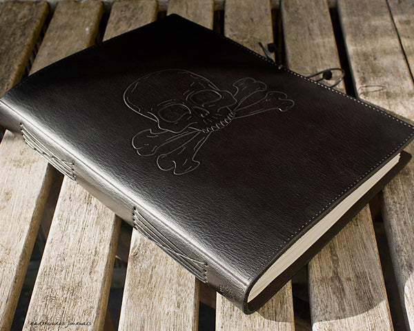 A4 black leather journal - ship's log - skull and crossbones design - earthworks journals A4C015