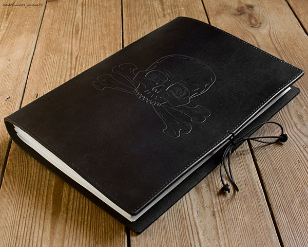 A4 black leather journal - ship's log - skull and crossbones design 3 - earthworks journals A4C015