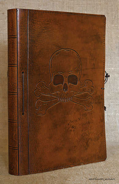 A4 brown leather journal - skull and crossbones design 2 - earthworks journals A4C016