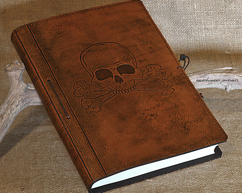A4 brown leather journal - skull and crossbones design - earthworks journals A4C016