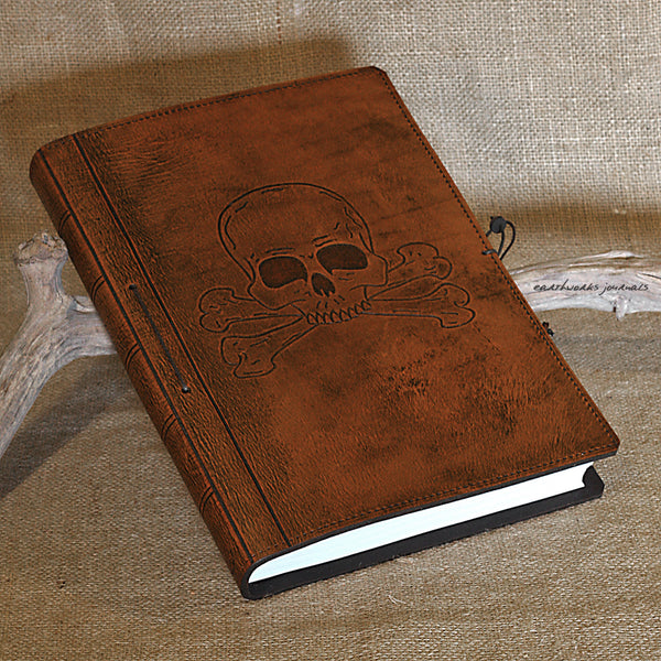 A4 brown leather journal - skull and crossbones design - earthworks journals A4C016