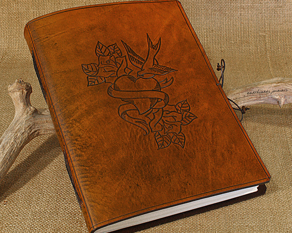 A4 brown leather journal - wedding guestbook - swallow, heart, rose tattoo design - earthworks journals A4C017
