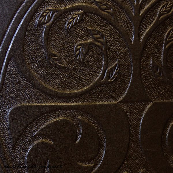 A4 black leather journal - tree of life detail - earthworks journals - A4C011