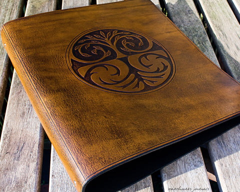 A4 brown leather 4 ring binder - tree of life design - earthworks journals A4B006