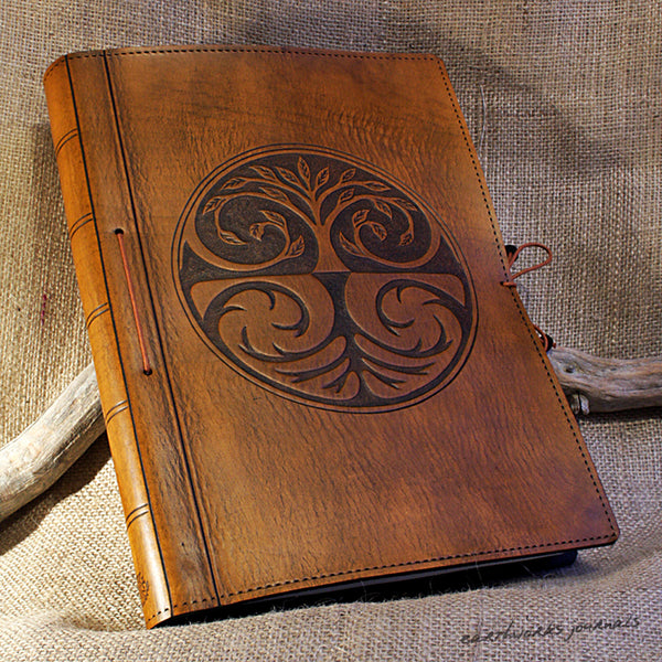 A4 brown leather journal - tree of life design 3 - earthworks journals A4C002