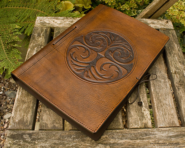 A4 brown leather journal - tree of life design 2 - earthworks journals A4C002