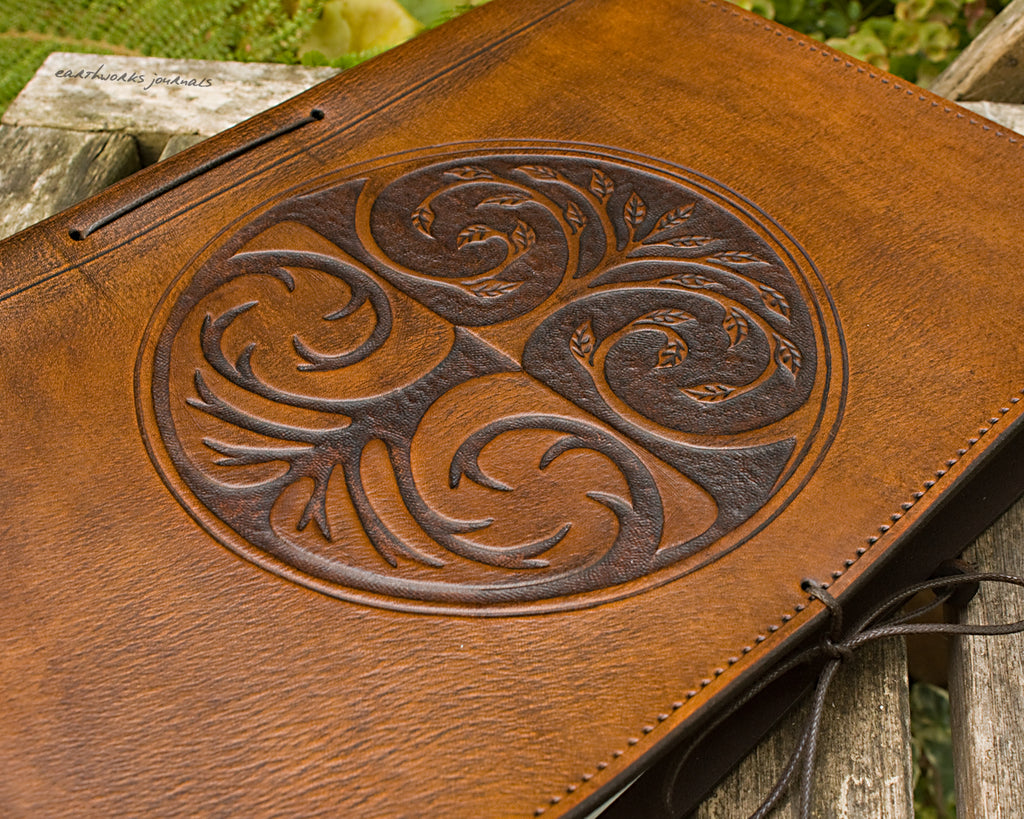 A4 brown leather journal - tree of life design - earthworks journals A4C002