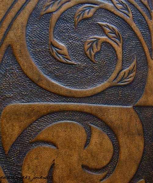 A4 brown leather journal - tree of life design detail - earthworks journals A4C002